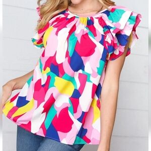 NWT, Medium, Jodifl Top Fuchsia Multi Geometric Layered Ruffle Sleeve